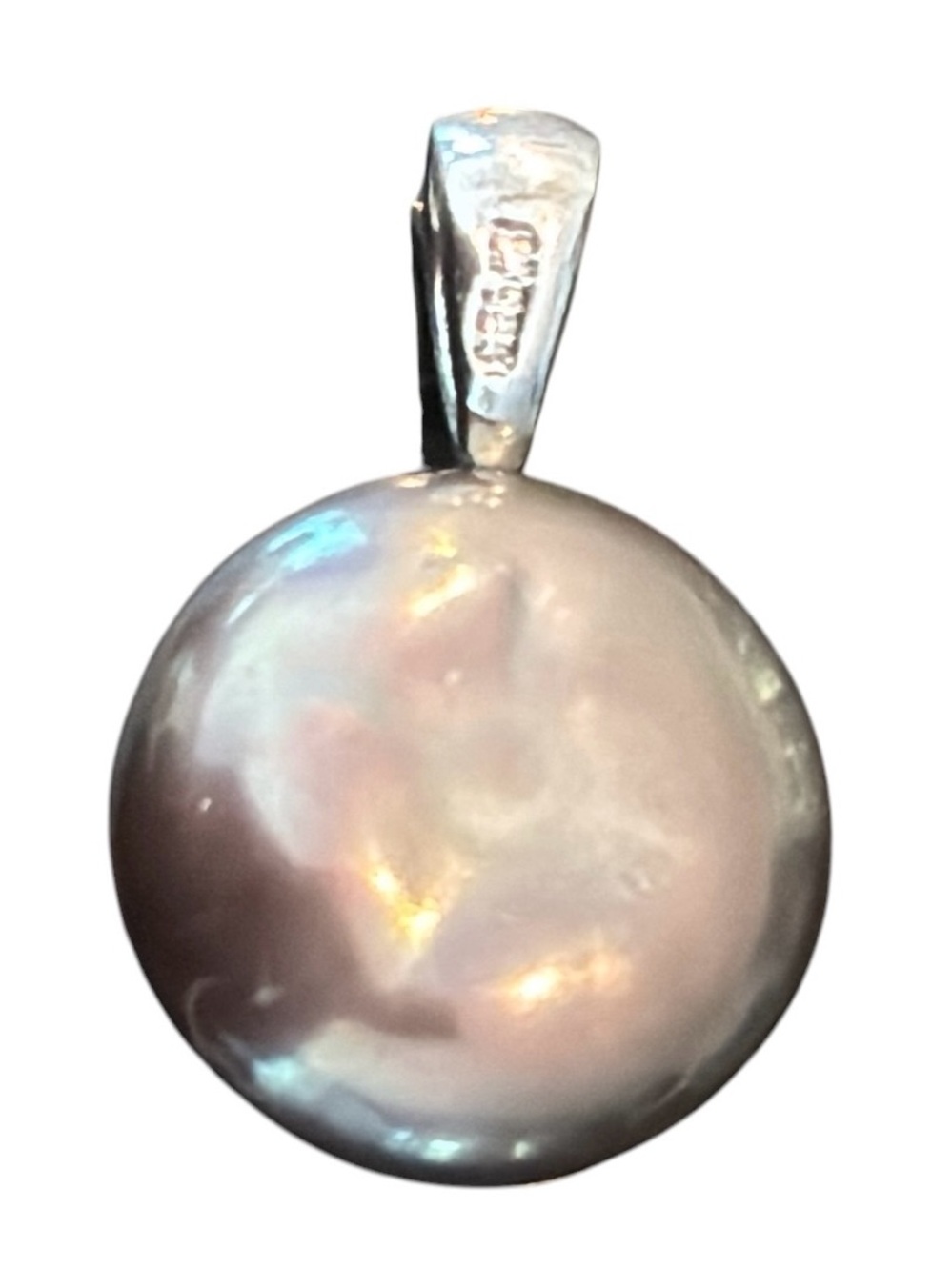 Sterling Silver 925 Shell Pearl Pendant Gray Button Dome 12–14mm